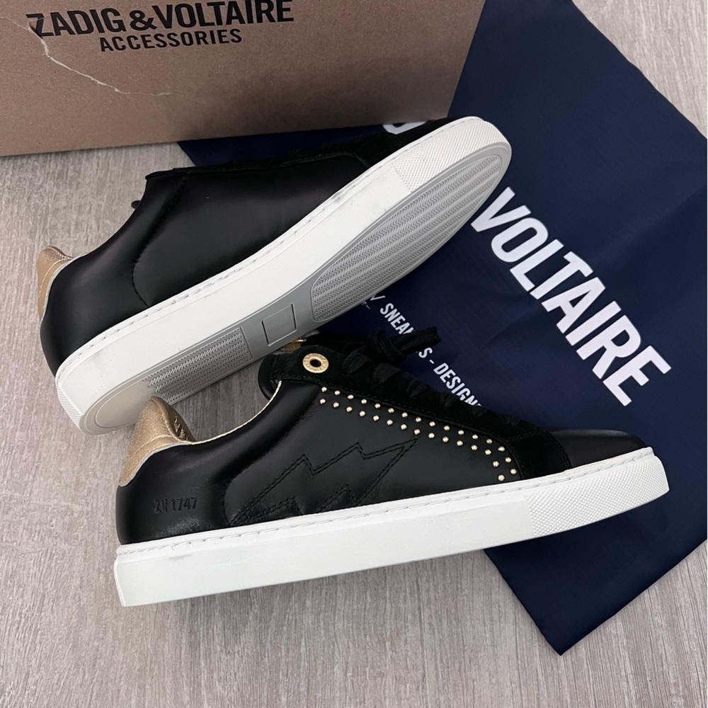 Zadig & Voltaire Black and Gold Sneakers with Gold Studs NWT - Picture 7 of 10